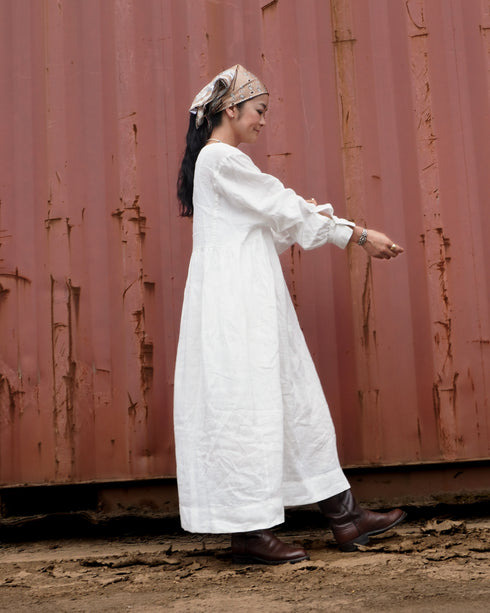 Linen Gather Dress / White・Black